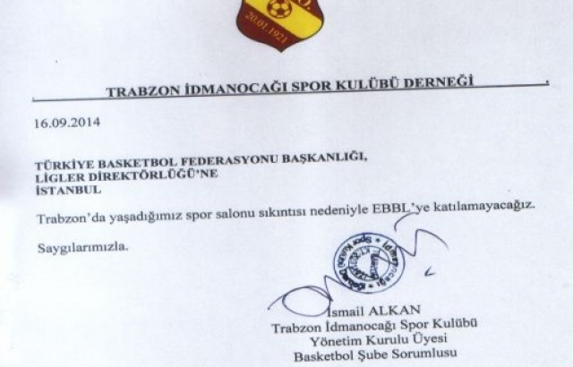 Trabzon'da yaşanan salon sıkıntısı nedeniyle İdmanocağı EBBL'ye katılamadı